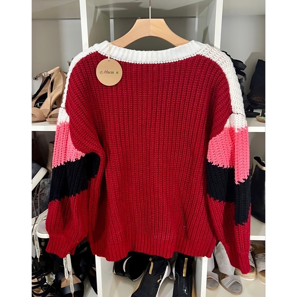 New! V Neck Pink Multi Puff Sleeve Oversized Chevron Sweater! - Picture 8 of 10